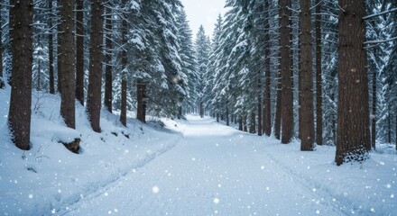 Fototapeta premium Snowy path through a forest of evergreens, winter landscape