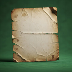 A torn and aged piece of parchment paper with a textured surface and frayed edges on a dark green background