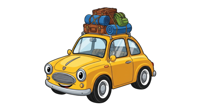 Cartoon car travel adventure vacation road trip luggage happy on transparent background - Powered by Adobe