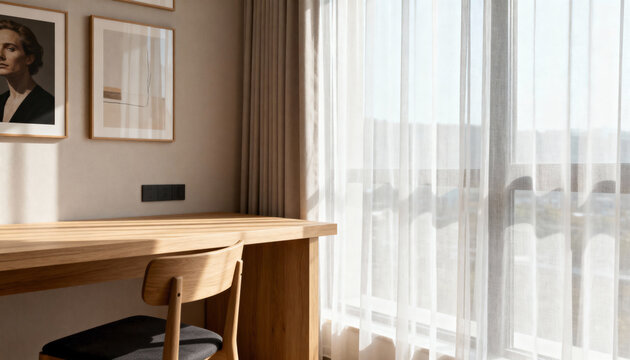 A sunlit corner of a modern room with a wooden desk and chair. Minimalist home office workspace with natural light from a large window with sheer curtains