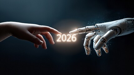 Human Hand and Robotic Hand Reaching Out Towards the Year 2026 in a Futuristic Concept of the Transition to AI era