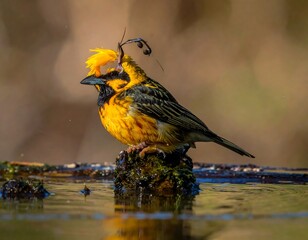 Bird, bright yellow plumage, sitting in water, blurred background