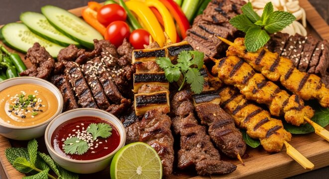 Assorted Grilled Meat Platter with Fresh Vegetables - Delicious Asian grilled meat platter with vibrant vegetables and flavorful sauces. Symbolizing freshness, abundance, flavor, culture, and health