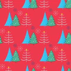 Seamless Christmas Tree Pattern on Red Background. Ideal for holiday wrapping paper, festive textiles, gift packaging, greeting cards, and seasonal decorations.
