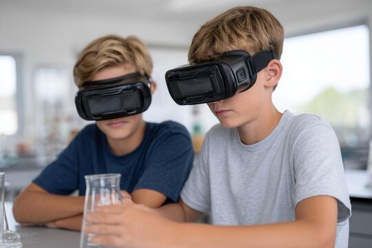 Two boys wearing virtual reality headsets engage in a science experiment in a classroom setting, showcasing modern educational technology and collaboration.