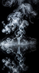Abstract swirling white smoke patterns reflected on a dark surface creating an ethereal symmetrical design