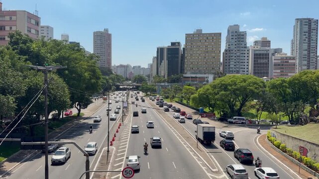 Highway traffic in the center of Sao Paulo. Liberdade, Sao Paulo, Brazil. November 11, 2025.