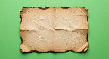 Aged and crumpled parchment paper with burnt edges on a vibrant green background