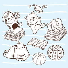 Cute puppy and kitten in the variation of school and education cartoon hand drawn character illustration