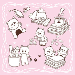 Cute puppy and kitten in the variation of school and education cartoon hand drawn character illustration