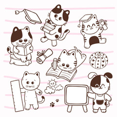 Cute puppy and kitten in the variation of school and education cartoon hand drawn character illustration
