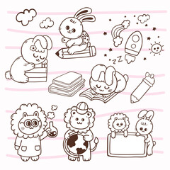 cute rabbit and lion in the variation of school and education cartoon hand drawn character illustration