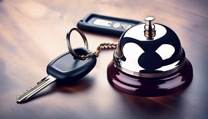 a service bell rests beside a key with a fob