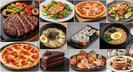 A variety of food items, including pizza, sushi, and pasta, arranged on a table.