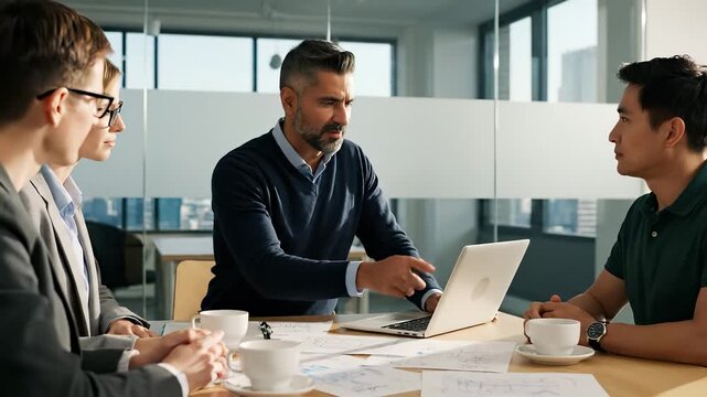 Team discusses project plans using laptop. Colleagues join discussion in office meeting. Business collaboration shows planning and teamwork. Group reviews blueprint and presentation for client review.