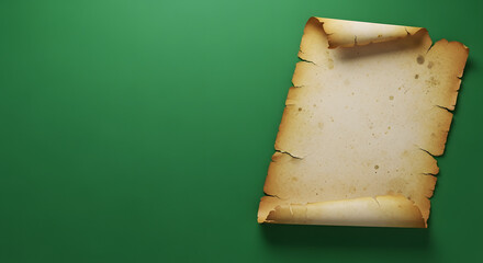 A vintage aged parchment scroll with textured paper lies on a vibrant green background