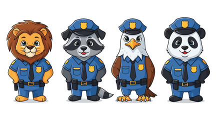 Charming police animals, a lion, raccoon, eagle, and panda, stand ready in uniform, perfect for educational or playful designs.