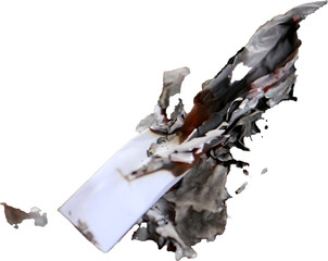A partially burned piece of paper with scorched edges and black ash on a transparent background