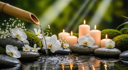 A serene spa setting with candles, flowers, and rocks.