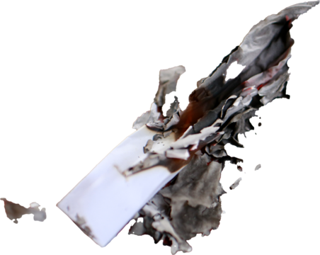 A partially burned piece of paper with scorched edges and black ash on a transparent background