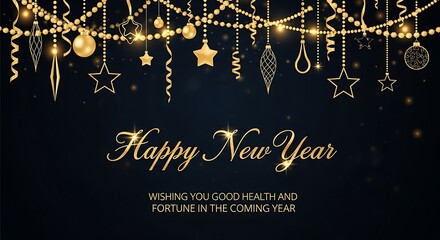 Elegant golden happy new year lights and ornaments on dark background