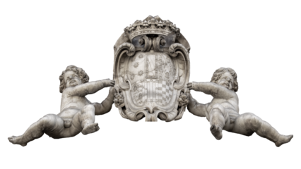 Isolated image of cherubims holding a coat of arms