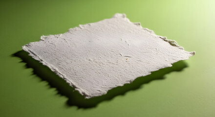 Rough textured handmade paper with torn edges casting a shadow on a green background
