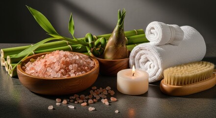 A serene spa setting with bamboo, salt, and candles.