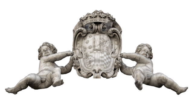 Isolated image of cherubims holding a coat of arms
