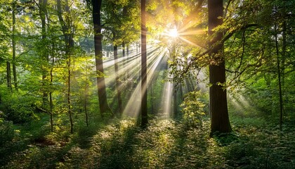 Obraz premium sunlight streams through lush forest canopy