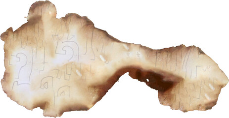 A piece of paper is charred black on a transparent background.