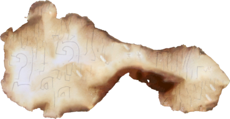 A piece of paper is charred black on a transparent background.