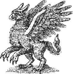 Obraz premium Mythical griffin standing with wings spread, vintage stipple dotwork vector illustration, monochrome engraving style heraldic beast