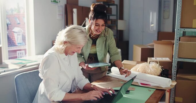 Women, tablet and success with dropshipping, high five or laptop for achievement, goals or sales report at startup. Mature person, tech and team with e commerce, support or excited at small business