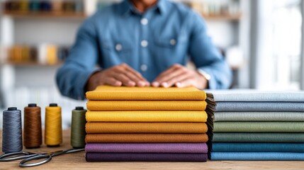 A tailor arranges vibrant fabrics and threads on a wooden table, showcasing a creative workspace filled with sewing supplies and tools.