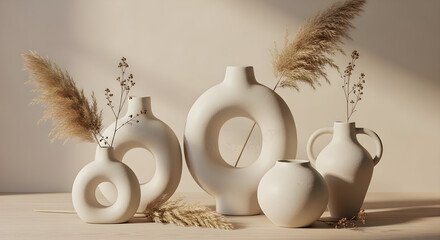  Minimalist Ceramic Vase Still Life with Dried Grasses and Soft Lighting