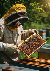 Beekeeper Examining Honeycomb in Apiary - Beekeeper carefully inspecting a honeycomb frame, symbolizing nature, work, care, agriculture, and beekeeping