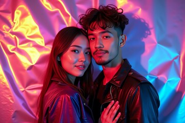 Retro-futuristic photoshoot featuring a couple in 80s/90s style posing against vibrant neon holographic foil crumpled texture