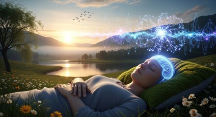 A serene woman lying on a grassy hillside, surrounded by nature, with a glowing brain and a serene expression on her face.