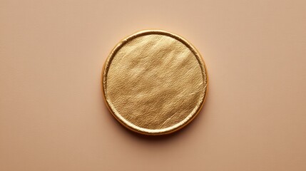A round golden leather coaster placed on a smooth, soft background. Ideal for home decor or product photography.