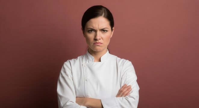 A serious female chef stands with arms crossed, displaying a stern expression. The background is a solid color, emphasizing her professional demeanor.