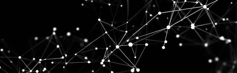 Abstract network of connected white dots and lines on a black background
