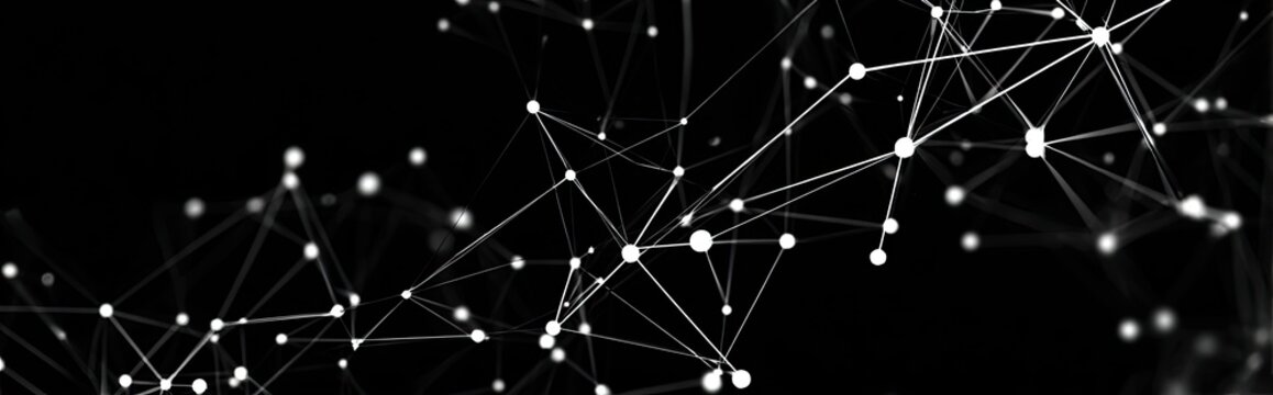 Abstract network of connected white dots and lines on a black background - Powered by Adobe