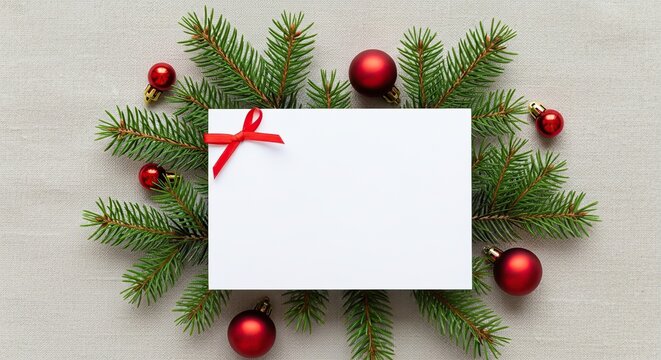 Festive christmas fir branches and red baubles arranged in a square frame around a blank white card with a red ribbon for holiday greetings