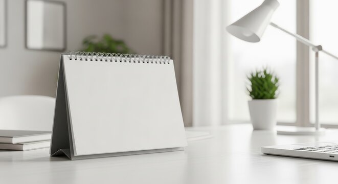 Blank Calendar on White Desk - Minimalist desk setup featuring a blank spiral calendar, lamp, plant, and laptop. Perfect for planning, appointments, or reminders