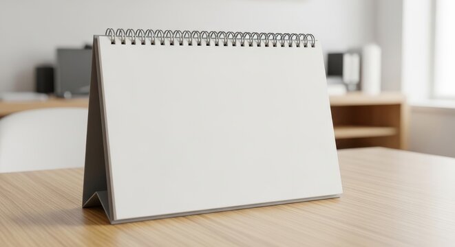 Blank Calendar on Wooden Desk - A blank spiral bound calendar sits on a wooden desk in a bright office setting, ready for scheduling or reminders