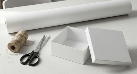 Simple white gift box with lid scissors and twine on a light colored surface ready for creative wrapping and thoughtful presentation