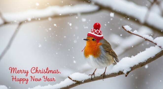 A robin wearing a red hat perched on a snowy branch with snowflakes falling.