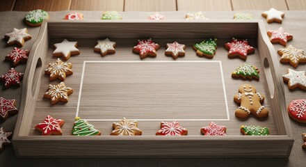 Festive christmas cookies arranged in a wooden tray with a blank space for text or personalization creating a holiday greeting or recipe card