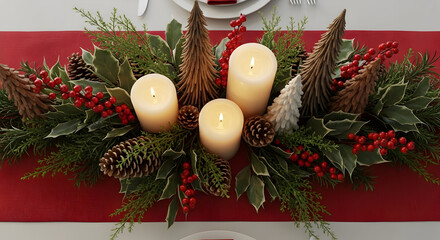 Festive Holiday Centerpiece with Candles, Pine, and Red Accents